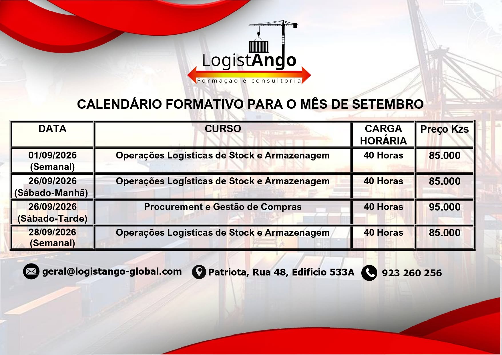 calendário formativo para o mês de Setembro
