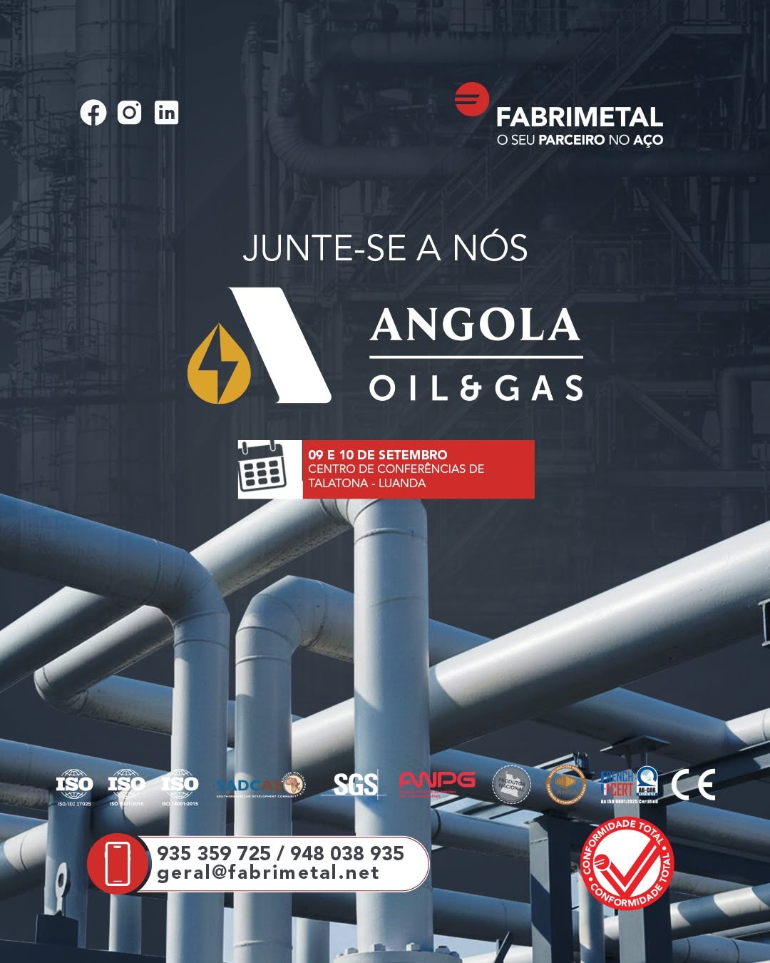 Nos dias 9 e 10 de setembro, estaremos no Centro de Conferências de Talatona, para marcar presença num dos principais encontros do setor de Oil & Gas em Angola.