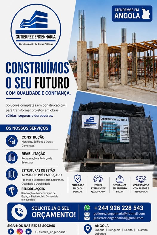Somos uma empresa angolana especializada em construção civil, dedicada a transformar projetos em obras de qualidade, com compromisso, segurança e profissionalismo.